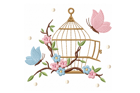 Birdcage with Butterflies Embroidery