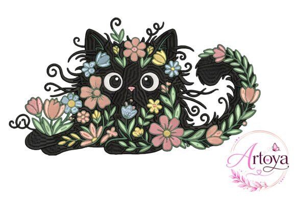 Black Floral Cat Embroidery Design
