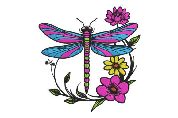 Dragonfly Embroidery with Flowers