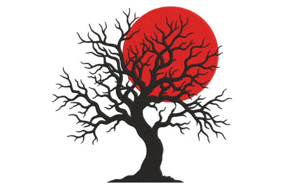 Tree Red Moon Embroidery Design
